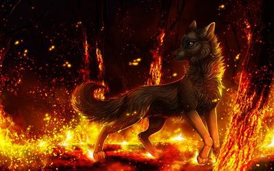 4k, burning forest, fiames, wolf on fire, predator, wildlife, fire forest, artworks, fire in the forest, wolf