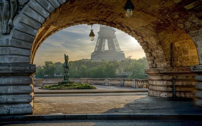 4k, Eiffel Tower, evening, Paris landmarks, stone arch, french cities, Paris, France, Europe, Paris cityscape