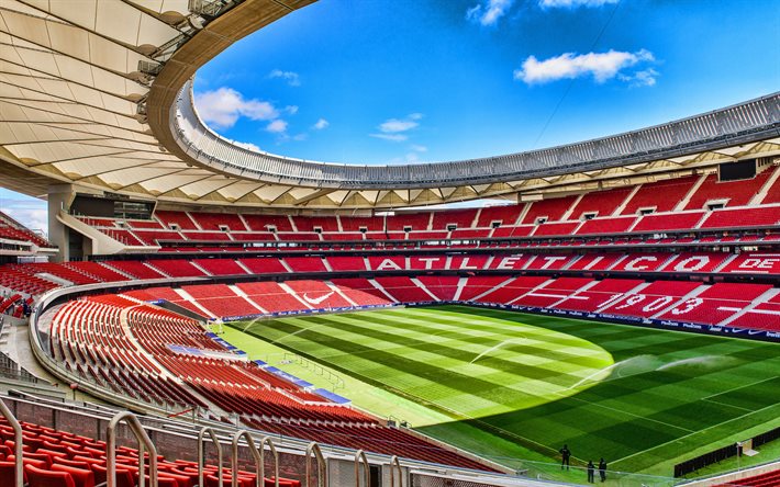 Metropolitano Stadium, inside view, red stands, football field, Civitas Metropolitano, Atletico Madrid stadium, Madrid, Spain, football stadium, Atletico Madrid