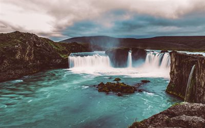 godafoss, outono, cachoeiras, marcos islandeses, penhascos, reykjavik, islândia, europa, bela natureza, panorama godafoss