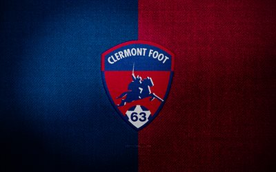clermont foot 63 badge, 4k, blaues roter stoffhintergrund, ligue 1, clermont foot 63 logo, clermont foot 63 emblem, sportlogo, french football club, clermont foot 63, fußball, clermont foot fc