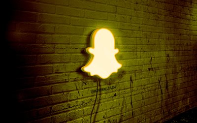 logotipo de neón de snapchat, 4k, muro de ladrillo amarillo, arte grunge, creative, logotipo en cable, logotipo amarillo de snapchat, redes sociales, logotipo de snapchat, obras de arte, snapchat