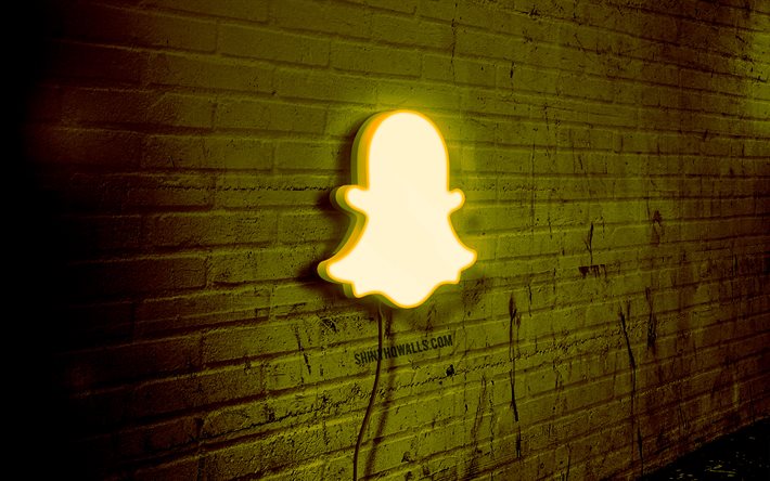 snapchat neon logo, 4k, yellow brickwall, grunge art, creative, logo on wire, snapchat yellow logo, social networks, snapchat logo, illustration, snapchat