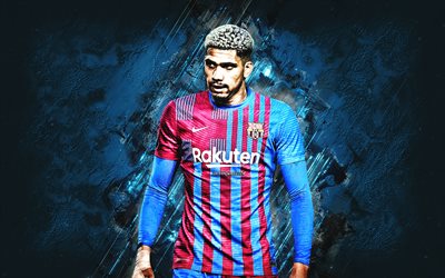 ronald araujo, fc barcelona, ​​uruguayaner fußballspieler, porträt, blue stone hintergrund, la liga, spanien, fußball