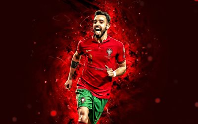 Bruno Fernandes, 4k, 2022, red neon lights, Portugal National Team, soccer, footballers, red abstract background, Portugalese football team, Bruno Fernandes 4K
