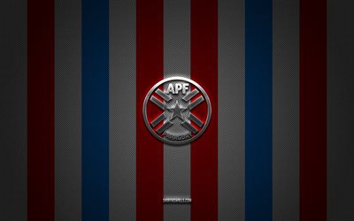 Paraguay national football team logo, CONMEBOL, South America, blue red carbon background, Paraguay national football team emblem, football, Paraguay national football team, Paraguay