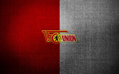 Union Berlin badge, 4k, red white fabric background, Bundesliga, Union Berlin logo, Union Berlin emblem, sports logo, german football club, Union Berlin, soccer, football, Union Berlin FC