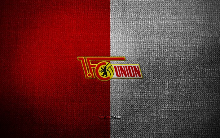 Union Berlin badge, 4k, red white fabric background, Bundesliga, Union Berlin logo, Union Berlin emblem, sports logo, german football club, Union Berlin, soccer, football, Union Berlin FC