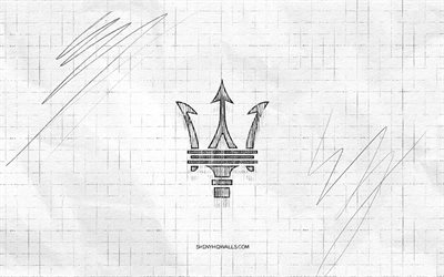 Maserati sketch logo, 4K, checkered paper background, Maserati black logo, cars brands, logo sketches, Maserati logo, pencil drawing, Maserati