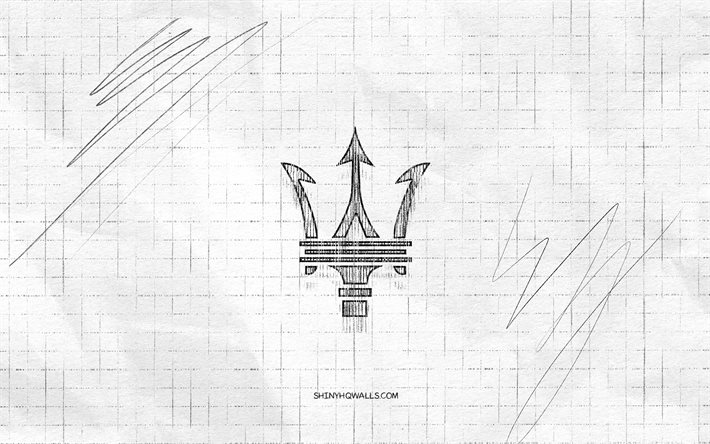 Maserati sketch logo, 4K, checkered paper background, Maserati black logo, cars brands, logo sketches, Maserati logo, pencil drawing, Maserati