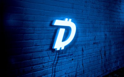 digibyte neon logo, 4k, blue brickwall, grunge art, créatif, logo sur fil, logo bleu digibyte, logo digibyte, crypto-monnaies, œuvres d art, digibyte