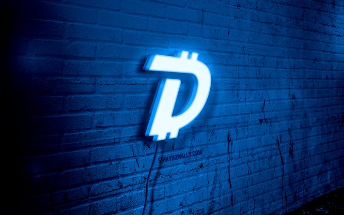 logotipo de neón de digibyte, 4k, blue brickwall, grunge art, creative, logotipo en el cable, logotipo de digibyte blue, logotipo de digibyte, criptomonedas, obras de arte, digibyte