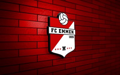 fc emmen 3d logotipo, 4k, red brickwall, eredivisie, soccer, holch football club, fc emmen logo, fc emmen emblem, football, fc emmen, sports logo, emmen fc