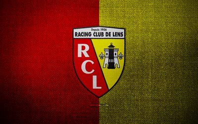 RC Lens badge, 4k, red yellow fabric background, Ligue 1, RC Lens logo, RC Lens emblem, sports logo, french football club, RC Lens, soccer, football, Lens FC