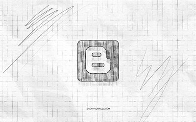 blogger sketch logo, 4k, background di carta a scacchi, logo black blogger, social network, sketch di logo, logo del blogger, disegno a matita, blogger