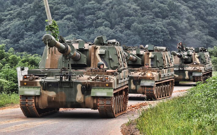 4k, k9 thunder, südkoreanische selbstfahrende haubitze, republik korea armee, moderne gepanzerte fahrzeuge, artillerie, haubitze, südkorea