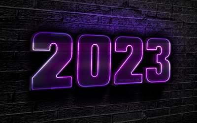 2023 새해 복 많이 받으세요, 블랙 브릭 월, 바이올렛 네온 숫자, 2023 개념, 2023 3d 자리, 새해 복 많이 받으세요 2023, 창의적인, 2023 바이올렛 배경, 2023 년, 2023 네온 숫자