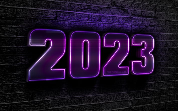 2023 새해 복 많이 받으세요, 블랙 브릭 월, 바이올렛 네온 숫자, 2023 개념, 2023 3d 자리, 새해 복 많이 받으세요 2023, 창의적인, 2023 바이올렛 배경, 2023 년, 2023 네온 숫자