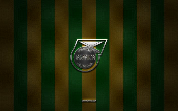 logo della squadra di calcio nazionale della jamaica, concacaf, nord america, background di carbonio giallo verde, emblema della squadra di calcio nazionale della jamaica, calcio, squadra di calcio nazionale della jamaica, giamaica