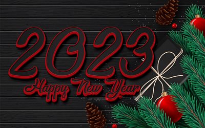 4k, Happy New Year 2023, vector art, black wooden background, black 3D digits, 2023 concepts, xmas decorations, 2023 Happy New Year, 3D art, 2023 3D digits, 2023 black background, 2023 year, 2023 red digits