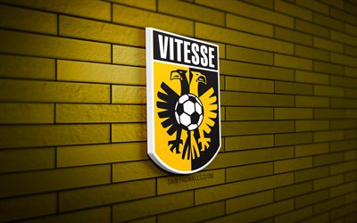 SBV Vitesse 3D logo, 4K, yellow brickwall, Eredivisie, soccer, dutch football club, SBV Vitesse logo, SBV Vitesse emblem, football, SBV Vitesse, sports logo, Vitesse FC