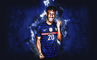 Kingsley Coman, France national football team, French football player, blue stone background, football, France
