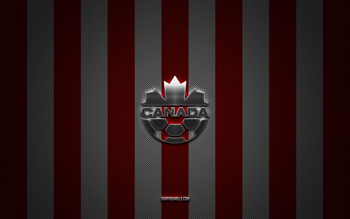 カナダナショナルフットボールチームのロゴ, concacaf, 北米, 赤い白い炭素の背景, カナダナショナルフットボールチームエンブレム, フットボール, カナダナショナルフットボールチーム, カナダ