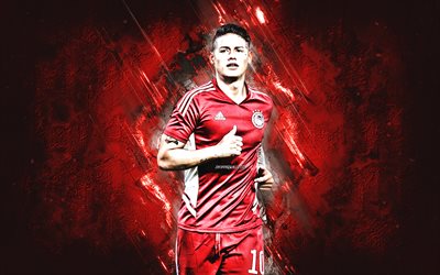 James Rodriguez, Olympiacos, Colombian soccer player, midfielder, red stone background, Greece, football