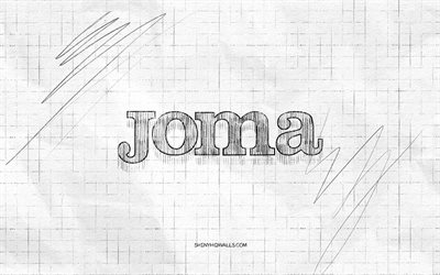 logotipo joma sketch, 4k, fundo de papel quadriculado, logotipo joma black, marcas, esboços de logotipo, logotipo joma, desenho a lápis, joma