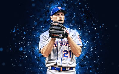 Max Scherzer, 4k, blue neon lights, New York Mets, MLB, pitcher, Max Scherzer 4K, baseball, blue abstract background, Max Scherzer New York Mets, NY Mets