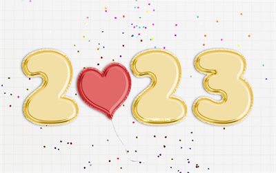 2023 Happy New Year, 4k, golden realistic balloons, checkered paper, 2023 concepts, 2023 balloons digits, Happy New Year 2023, creative, 2023 white background, 2023 year, 2023 3D digits
