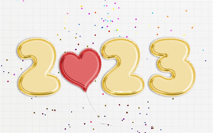 2023 feliz ano novo, 4k, balões realistas golden, papel quadriculado, 2023 conceitos, 2023 balões dígitos, feliz ano novo 2023, creative, 2023 bordado branco, 2023 ano, 2023 3d digits