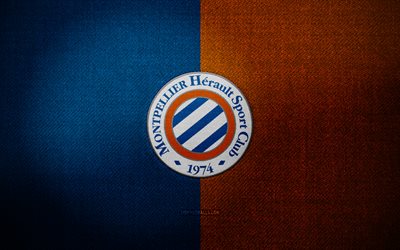 Montpellier HSC  badge, 4k, blue orange fabric background, Ligue 1, Montpellier HSC logo, Montpellier HSC emblem, sports logo, french football club, Montpellier HSC, soccer, football, Montpellier FC