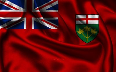 bandeira de ontário, 4k, províncias canadenses, bandeiras de cetim, dia de ontário, bandeiras onduladas de cetim, províncias do canadá, ontário, canadá