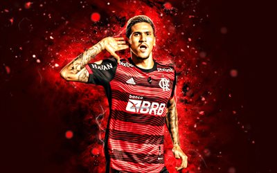 Pedro Guilherme, 4k, red neon lights, CR Flamengo, Brazilian footballers, Serie A, Pedro Guilherme 4K, Flamengo FC, red abstract background, football, Pedro Guilherme Flamengo