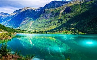 Olden, fjords, mountains, blue water, norwegian landmarks, Nordfjord, Norway, Europe, Olden panorama, beautful nature, HDR