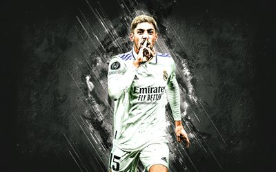 Federico Valverde, Real Madrid, Uruguayan football player, midfielder, white stone background, football, La Liga