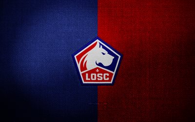 Lille OSC badge, 4k, blue red fabric background, Ligue 1, Lille OSC logo, Lille OSC emblem, sports logo, french football club, Lille OSC, soccer, football, Lille FC