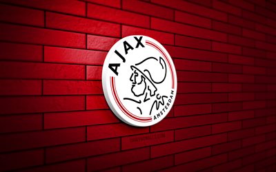 afc ajax 3d -logo, 4k, red brickwall, eredivisie, fußball, niederländischer fußballverein, afc ajax -logo, afc ajax emblem, afc ajax, sportlogo, ajax fc