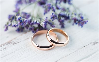 anneaux de mariage, 4k, lavande, mariage, anneaux d or, anneaux de couple, fond d invitation de mariage, modèle de mariage