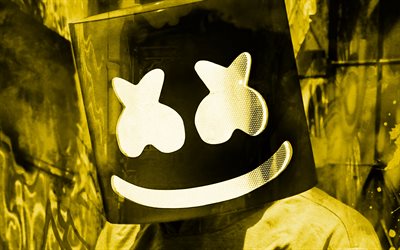 4k, Marshmello mask, abstract art, Christopher Comstock, fan art, superstars, american DJ, Marshmello, DJs, yellow abstract backgrounds, Abstract Marshmello, music stars, Marshmello 4K, DJ Marshmello