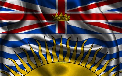 british columbia flag, 4k, province canadesi, bandiere di raso, giorno della columbia britannica, bandiera della columbia britannica, bandiere di raso ondulato, province del canada, columbia britannica, canada