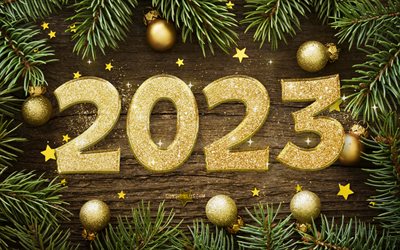 2023 felice anno nuovo, 4k, cifre glitter dorate, cornici di natale, 2023 concetti, 2023 cifre 3d, decorazioni di natale, felice anno nuovo 2023, creativo, 2023 sfondo di legno, 2023 anni, buon natale