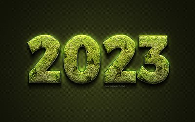 2023 yeni yıl, 4k, 2023 eko arka plan, yeşil çim 2023 arka plan, 2023 mutlu yıllar, 2023 kavramlar, yeşil 2023 arka plan, mutlu yıllar 2023, 2023 şablonlar, ekoloji
