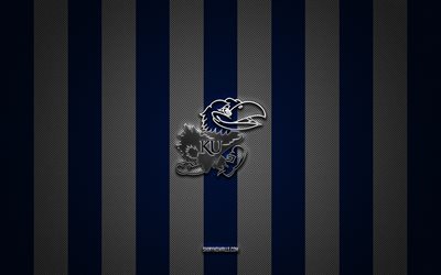 logotipo de los jayhawks de kansas, equipo de fútbol americano, ncaa, fondo de carbono blanco azul, emblema de los jayhawks de kansas, fútbol americano, kansas jayhawks, eeuu, logotipo de metal plateado de los kansas jayhawks