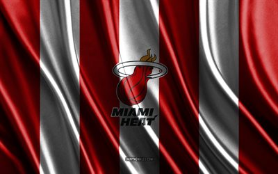 4k, Miami Heat, NBA, red white silk texture, Miami Heat flag, American basketball team, basketball, silk flag, Miami Heat emblem, USA, Miami Heat badge