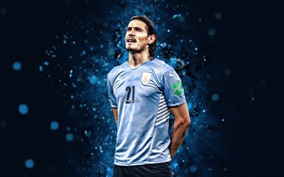 edinson cavani, 4k, 2022, uruguay milli takımı, futbol, futbolcular, mavi neon ışıklar, uruguaylı futbol takımı, edinson cavani 4k