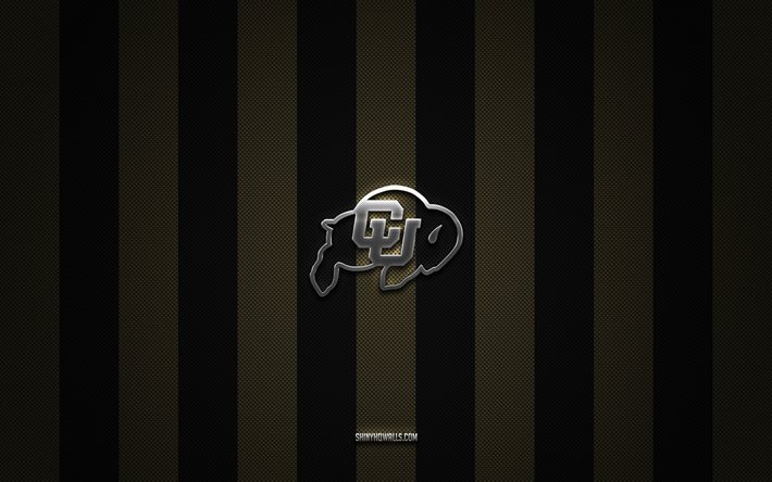 logotipo de búfalo de colorado, equipo de fútbol americano, ncaa, fondo de carbono negro y dorado, emblema de búfalo de colorado, fútbol americano, búfalo de colorado, eeuu, logotipo de metal plateado de colorado buffalo