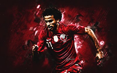 Akram Afif, Qatar National Football Team, Qatari Football Player, Burgundy Stone Background, Portrait, Qatar, Akram Hassan Afif Yahya Afif