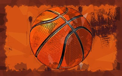 バスケットボール, 4k, グランジアート, クリエイティブ, オレンジ色のグランジ背景, バスケットボールのコンセプト, 抽象的なバスケットボール